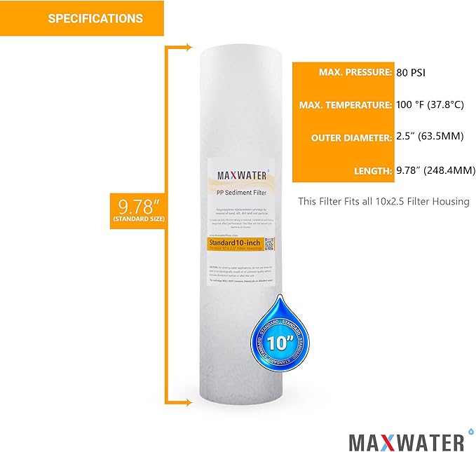 Max Water 10 inch x 2.5 inch, 5 Micron Replacement Sediment Water Filter Cartridge for Whole House, Melt Blown Filtration Fiber for Heavy Duty (Pack of 50)