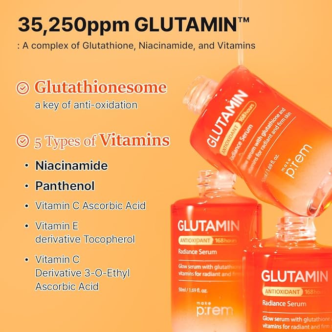 MAKE P:REM Glutamin Antioxidant Radiance Serum, Dark Spot Serum with Glutathione & Vitamins, Korean Skin Care, 1.69 Fl. Oz., 50ml