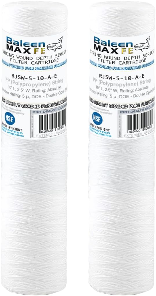 Baleen Filters 2 Pack 5 Micron 10"x2.5" String Wound Whole House Water Sediment Filters, Universal Replacement Cartridge for Well Water, RO System, HDX SWC-25-1005, Watts SF5-978, Pentek WP-5