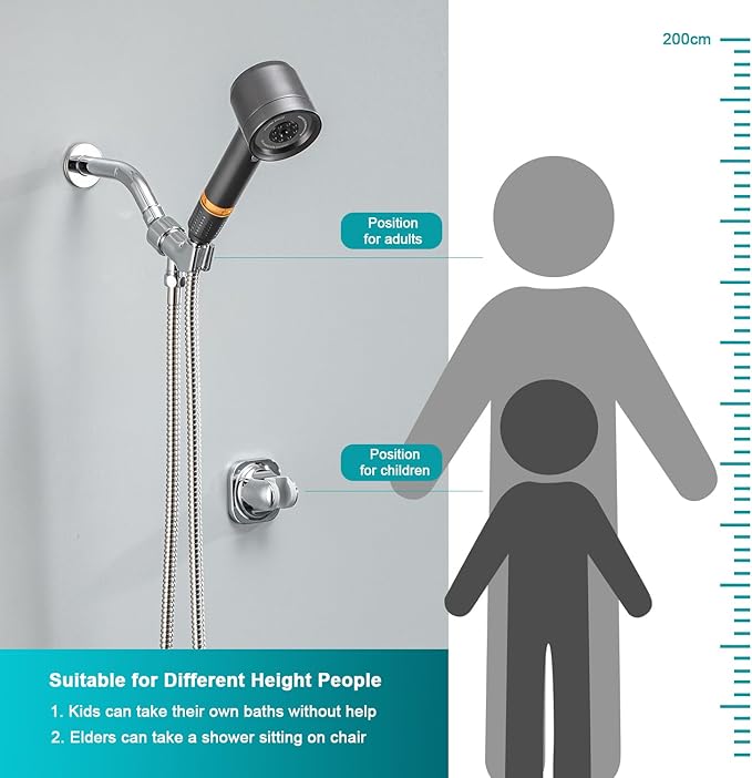 High Pressure Showerhead with Filters, Filtered Shower Head Handheld with ON/OFF Switch,Extra Long 79-inch Hose and Adjustable Angle Bracket Extra Low-Reach Adhesive Wall Mount for Kids (Gray)