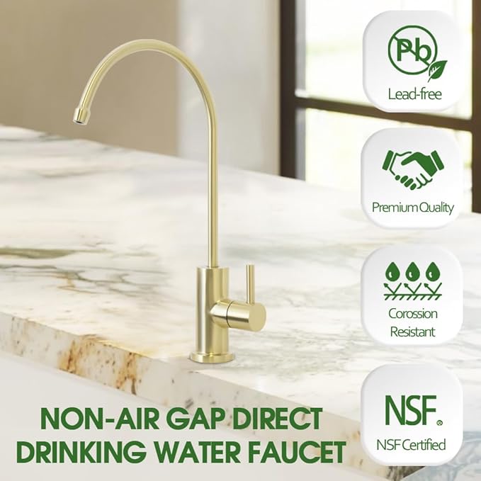 Gold Drinking Water Filter Faucet Kitchen Bar 304 Food Grade Solid Stainless Steel Tap, Non Air Gap Beverage Cold Water Purifier Filtration Tap for Reverse Osmosis Systems.