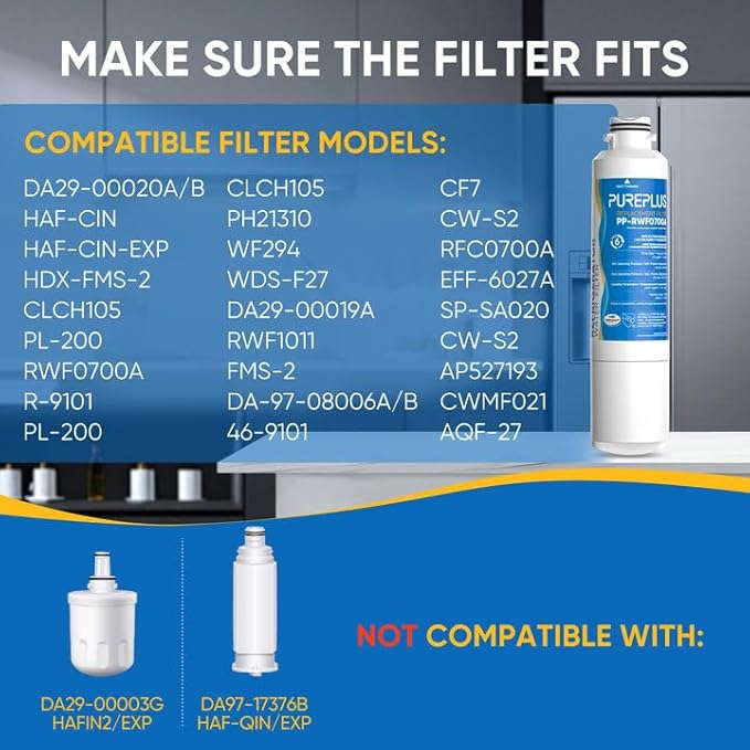 PUREPLUS DA29-00020B Refrigerator Water Filter Replacement for Samsung RF28HMEDBSR, RF263BEAESR, HDX FMS-2, HAF-CIN/EXP, RF4287HARS, RF28HFEDBSR, DA29-00020A, RF261BEAESR, DA97-08006A, 469101, 3PACK