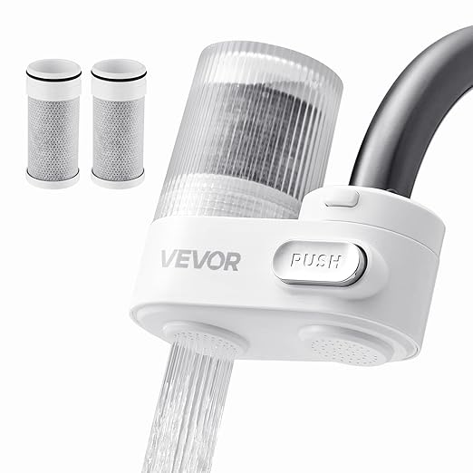 VEVOR Faucet Mount Water Filter, Vertical Water Purifier for Sink Tap, NSF Certified Carbon Fiber Filter, Removes Chlorine Lead with 3 Filters, Fits Most Kitchen or Bathroom Faucets, White