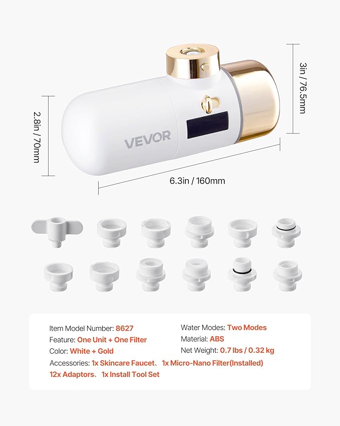 VEVOR Skincare Water Filter, Faucet Mount Water Filters with Micro-Nano Bubble for Skin, Sink Tap Purifier, Removes Chlorine with 1 Filter, for Kitchen and Bathroom Faucets, White + Gold