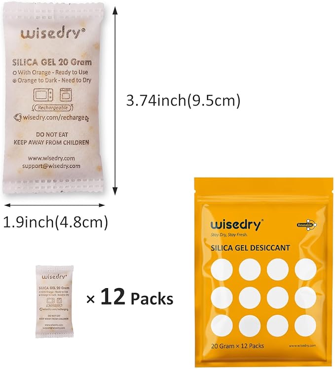 wisedry 20 Gram [12 Packs] Rechargeable Silica Gel Packets Microwave Fast Reactivate in 2MINS Moisture Absorber Desiccant Packs with Orange Indicating Beads Food Grade