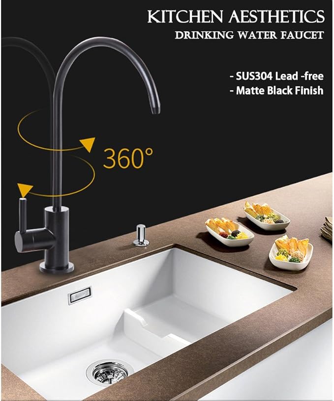 ESOW Kitchen Water Filter Faucet, 100% Lead-Free Drinking Water Faucet Fits Most Reverse Osmosis Units or Water Filtration System in Non-Air Gap, Stainless Steel 304 Body Matte Black Finish
