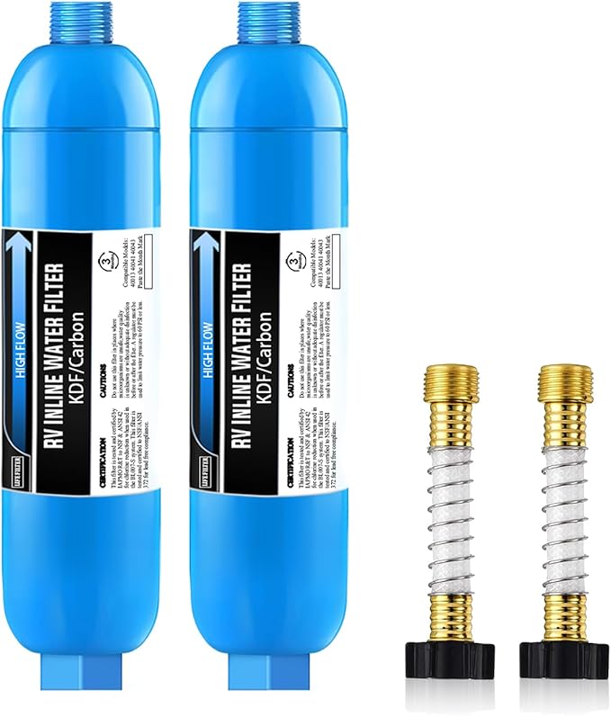 Lifefilter RV Inline Water Filter with Flexible Hose Protector, NSF Certified, Reduces Chlorine, Bad Taste, Odor for RVs and Marines, Drinking, Washing Filter, Dedicated for RVs, 2 Pack