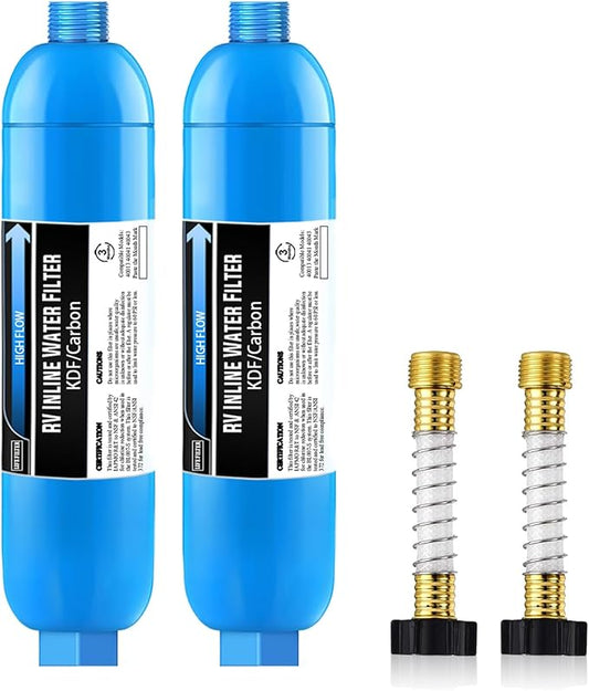 Lifefilter RV Inline Water Filter with Flexible Hose Protector, NSF Certified, Reduces Chlorine, Bad Taste, Odor for RVs and Marines, Drinking, Washing Filter, Dedicated for RVs, 2 Pack