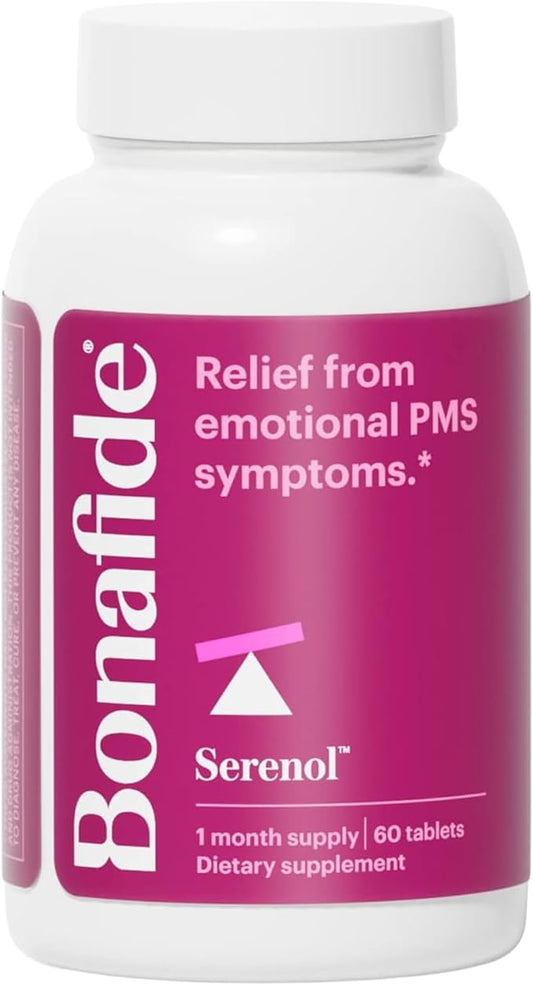 Serenol by Bonafide. Relief from Hormonal Mood Swings, Irritability, & PMS Bloating. — 1-Month Supply (60 Tablets)