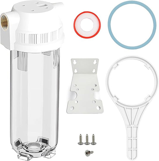 Whole House/RV Water Filter Housing Clear, 10" X 2.5" Inline Sediment Water Filter for RV, Home, Garden, Aquarium, Maple Syrup RO System, 3/4" G Brass Port, R-Type O-Ring, Heavy Duty Bracket-1025CBH