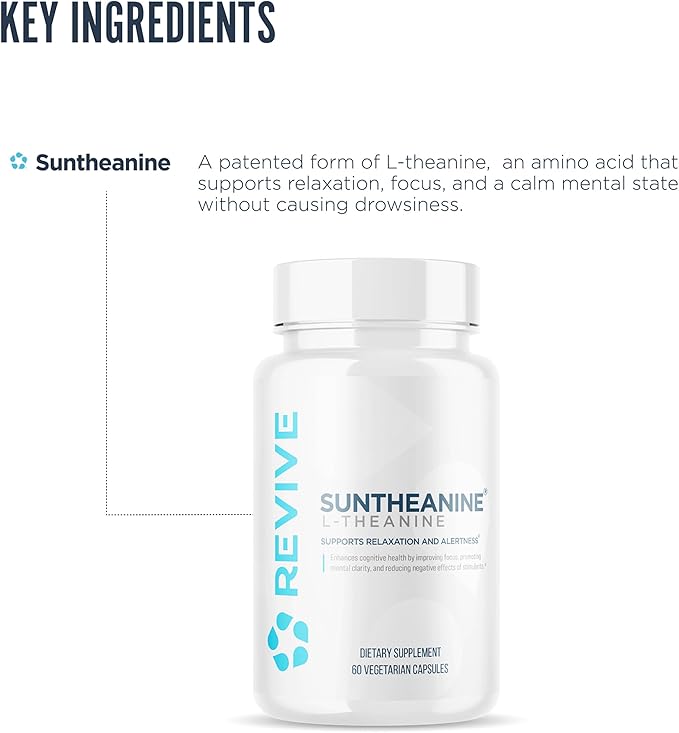 Revive MD Suntheanine L-Theanine Supplement for Men and Women - Supports Fatigue & Brain Function for Calm Mood, Mental Clarity, Focus & Relaxation - Vegan & Gluten-Free - 60 Vegetarian Capsules