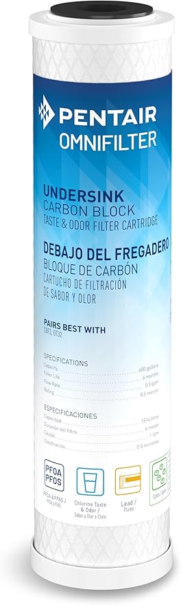 Pentair OMNIFilter CB3 Carbon Water Filter, 10" Undersink Carbon Block Taste & Odor Replacement Filter Cartridge, NSF Certified to Reduce PFOA/PFOS, 10" x 2.5", 0.5 Micron