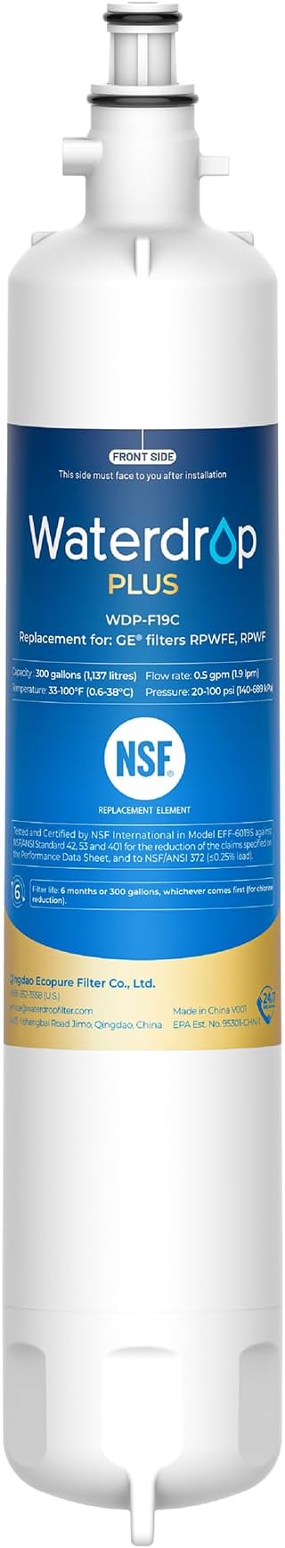 Waterdrop Plus WDP-F19C Replacement for GE® RPWFE®, RPWF (with CHIP) NSF 401 Refrigerator Water Filter, Compatible with GFE28GBLTS, GFE28GSKSS, PFE28KMKES, GFD28GYNFS, GFD28GBLTS, PWE23KYNFS