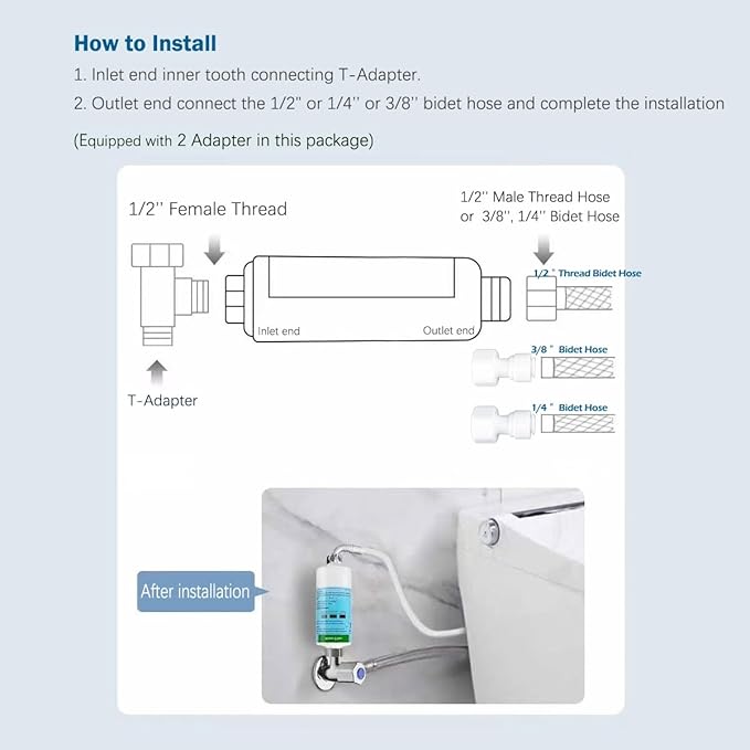 Bidet water filter for electronic bidet seats, Toilet water filter system, compatible with 1/2" 1/4" 3/8" Bidet hose (2 Filters + 2 Adapter)