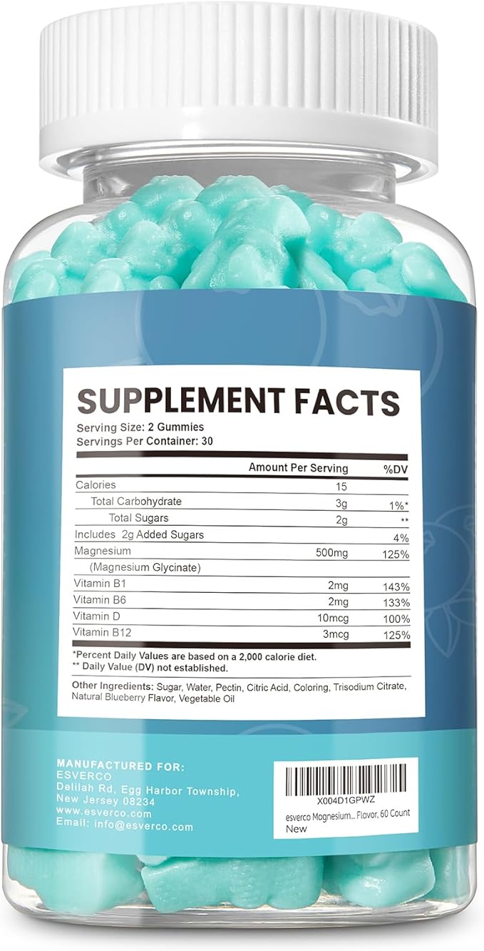 Magnesium Glycinate Gummies 500mg Sleep for Men & Women Vitamin C, Vegan Promotes Relaxation Muscle, Chewable Magnesium, No Melatonin, Non GMO, Natural Blueberry Flavor, 60 Count