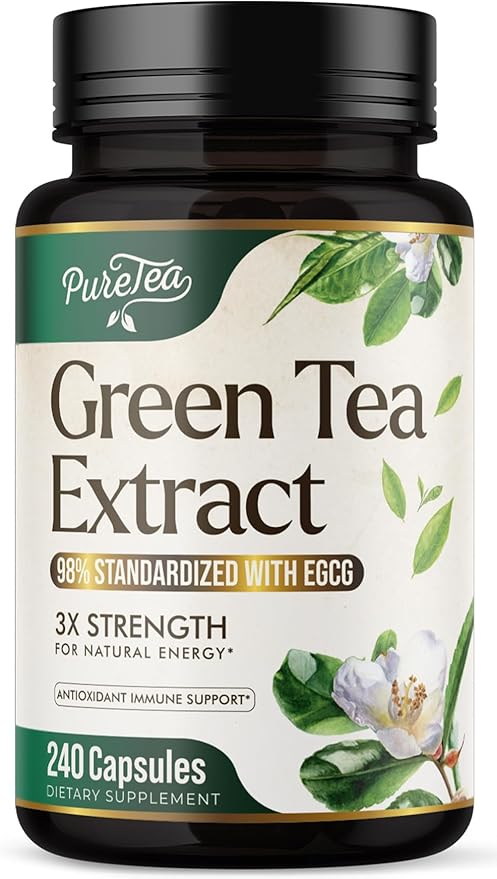 Green Tea Extract Capsules 1000mg with 98% Standardized Polyphenols & 45% EGCG for Heart Support with Antioxidants - 3X Absorption Green Tea Pills for Natural Energy, Gentle Caffeine - 240 Capsules