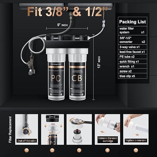 WINGSOL Under Sink Alkaline Water Filter with Faucet, 2-Stage Water Filter System Reduces Heavy Metals, Chlorine, Sediment, Improves Taste, Remineralization, NSF 42&53 Certified