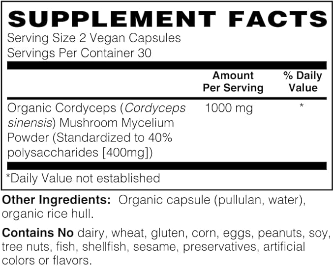 Organic Cordyceps Mushroom Capsules - 1,000mg High Potency - Energy, Stamina & Immunity - Non-GMO, Vegan, 60 Count