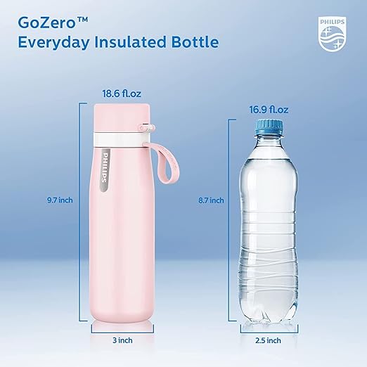 PHILIPS Water Bottle with Filter, Filter Water Bottle Stainless Steel with GoZero Everyday BPA-Free Tap Water Filter, Water Filter Bottle Keep Drink Cold 24 Hours, 3 Filters for 120 gal / 6 Months