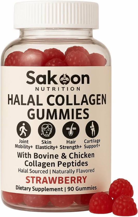 Sakoon nutrition Collagen Gummies – Type I, II & III Collagen Peptides from | 90 Strawberry-Flavored Gummies | Supports Hair, Skin, Joints & Nails | Made in USA | Halal Certified Sourcing