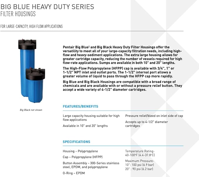 Pentair Pentek 150672 Big Black Filter Housing, 1" NPT #20 Whole House Heavy Duty Water Filter Housing with High-Flow Polypropylene (HFPP) Cap, 20 Inch, Black/Black