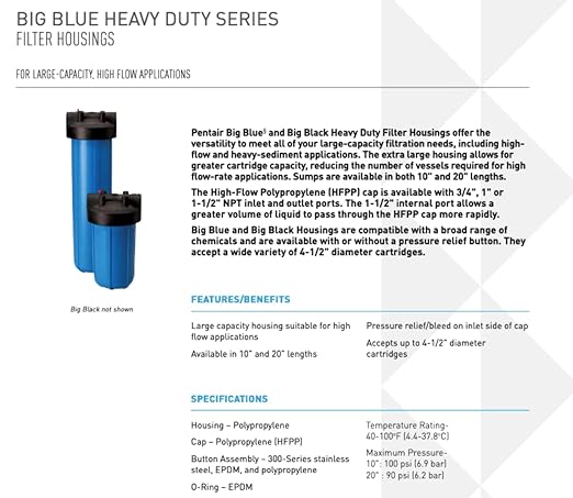Pentair Pentek 150426 Big Black Filter Housing, 1" NPT #10 Whole House Heavy Duty Water Filter Housing with High-Flow Polypropylene (HFPP) Cap and Pressure Relief Button, 10 Inch, Black/Black
