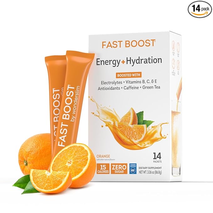 FAST BOOST Energy & Hydration Drink Mix - Orange | Sugar Free Electrolyte Powder Packets with Antioxidants, Green Tea Extract, B Vitamins, Vitamin C & E | 14 Stick Packs