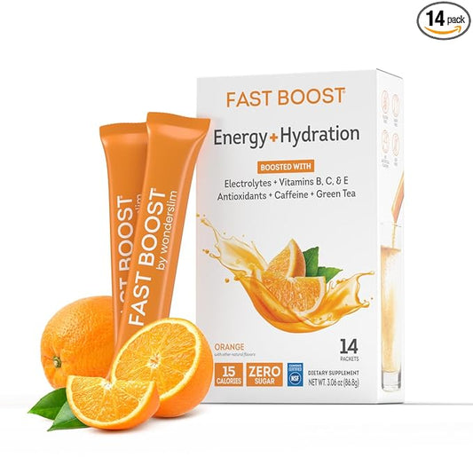 FAST BOOST Energy & Hydration Drink Mix - Orange | Sugar Free Electrolyte Powder Packets with Antioxidants, Green Tea Extract, B Vitamins, Vitamin C & E | 14 Stick Packs