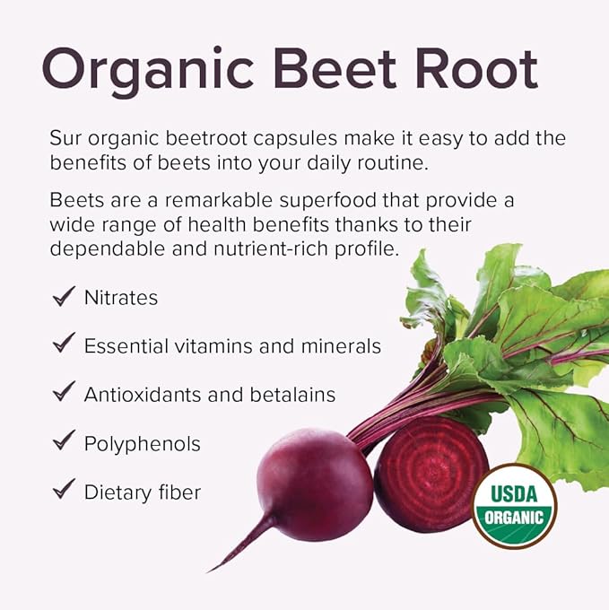 Sur Organic Beet Root Capsules 1000mg - Supports Healthy Circulation and Increased Energy - Nitric Oxide Superfood (120 Capsules)