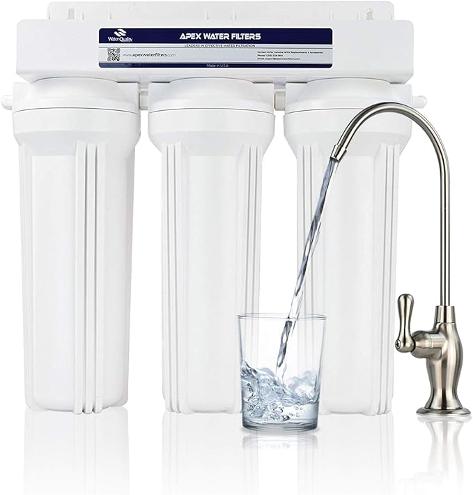APEX Under Sink Drinking Water Filter - 3 Stage Inline Under Kitchen Counter Purification System - Max Flow Brushed Nickel Faucet