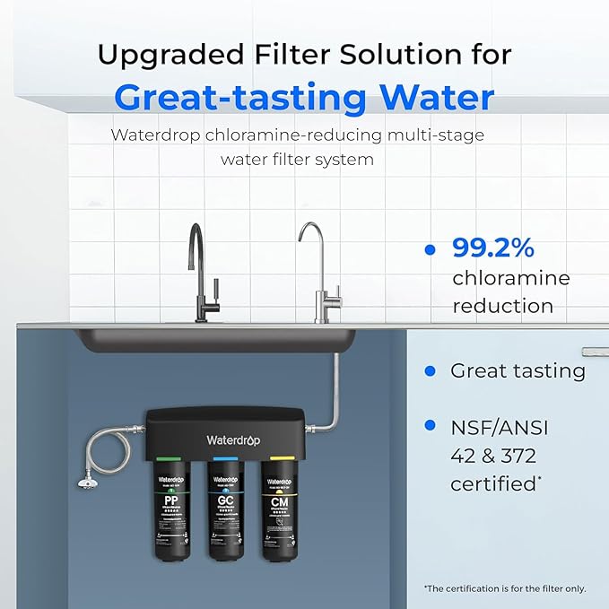 Waterdrop TSB-CM Under Sink Water Filter System Reduce Chloramine for CA, FL and Washington, D.C., NSF/ANSI 42 Certified Element, Reduces Chloramine, Chlorine, with Brushed Nickel Faucet