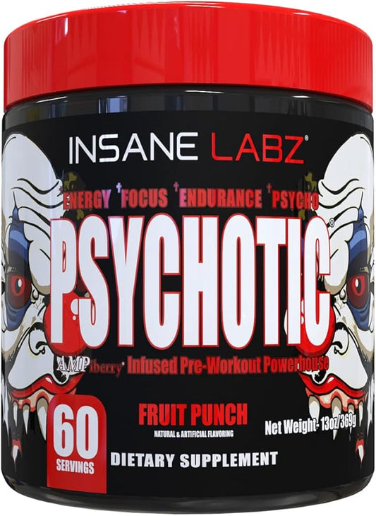 Insane Labz Psychotic, High Stimulant Pre Workout Powder, Extreme Lasting Energy, Focus and Endurance with Beta Alanine, Creatine Monohydrate, DMAE, 60 Srvgs, Fruit Punch