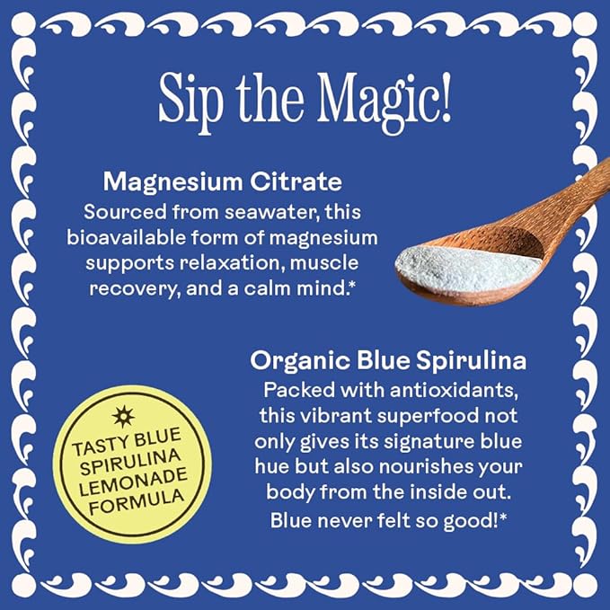 Wooden Spoon Herbs Magic Magnesium Citrate Powder Supplement | Anxiety & Stress Relief, Muscle, Bone, & Digestive Health, & Restful Sleep | Lemonade Flavor & Fun Spirulina Blue Color | Sachets (10-pk)
