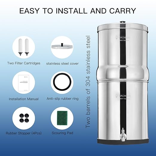 2.25 Gallon Stainless Steel Gravity-Fed Water Filter System with 2 White Ceramics Purification Washable Filter, Portable Countertop Filter System for Home and Outdoor Camping Use