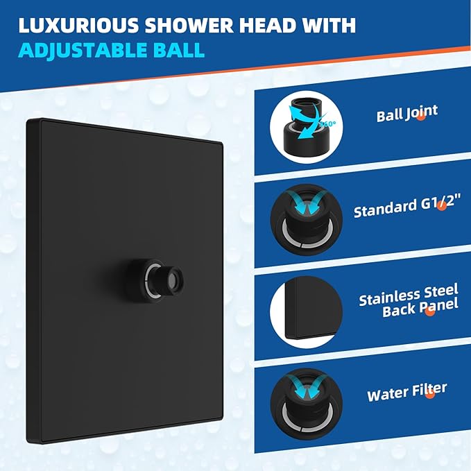Hibbent Thickness Metal Rain Shower Head, 10 Inch High Pressure Rainfall Shower Head, Square Bathroom Waterfall Shower Heads, High Flow Fixed Showerheads with Adjustable Brass Ball Joint, Matte Black