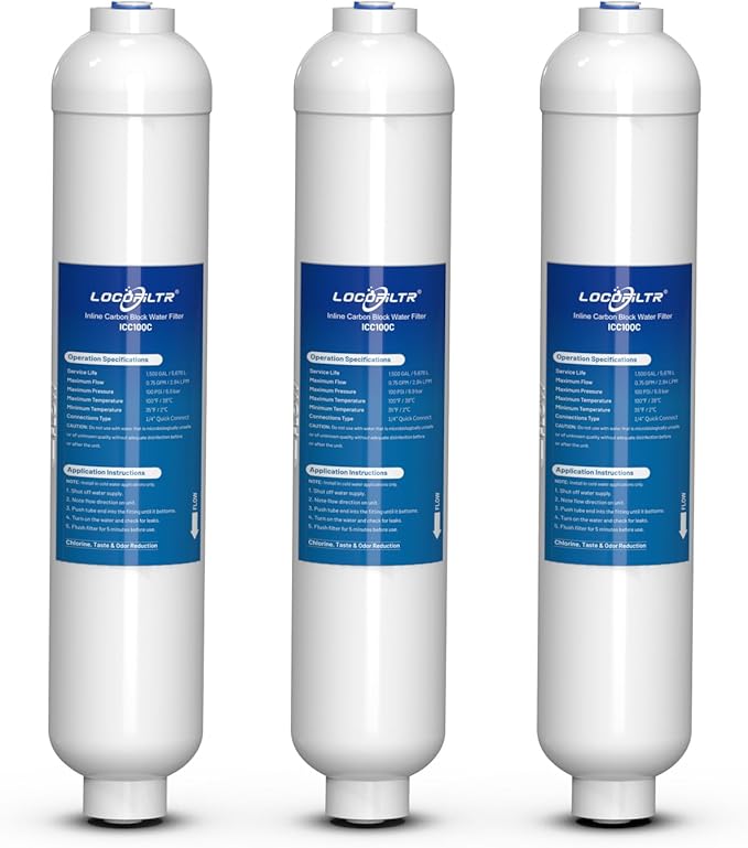 Inline Activated Carbon Block Water Filter with 1/4" Quick Connect, T33 In Line Water Filter Replacement Cartridge for Icemaker, Post Carbon Filter for RO Reverse Osmosis Water System (Pack of 3)