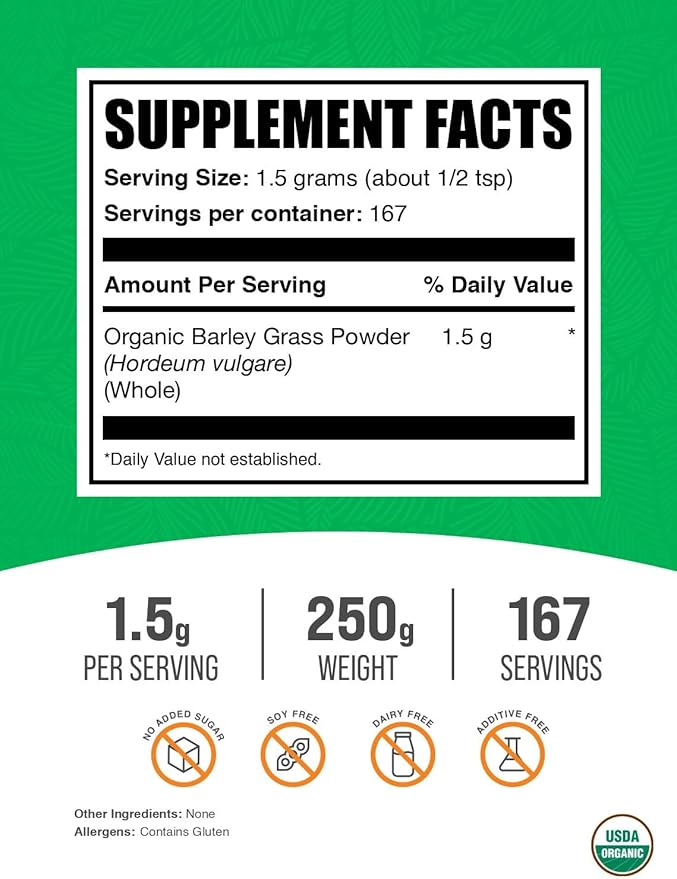 BulkSupplements.com Organic Barley Grass Powder - Green Superfood Powder, Herbal Supplement - Vegan-Friendly, 1.5g per Serving, 250g (8.8 oz) (Pack of 1)