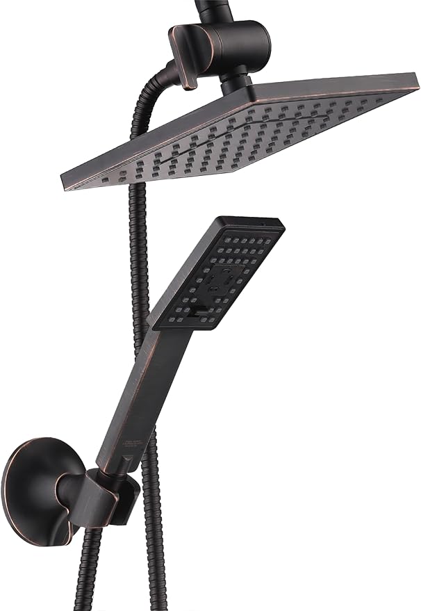 BRIGHT SHOWERS Rain Shower Head with Handheld Spray, 8 Inch Rainfall Shower Head Combo with 60" Hose, Adjustable Dual Square Showerhead Set with 3-Way Diverter, Wall Bracket, Oil-Rubbed Bronze