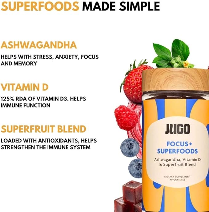 JUGO Focus + SUPERFOODS | Ashwagandha Gummies with Vitamin D3 & Superfruit Blend | 40 Count Plant - Based Adaptogen Gummies | Gelatin-Free, Non-GMO, Made in USA
