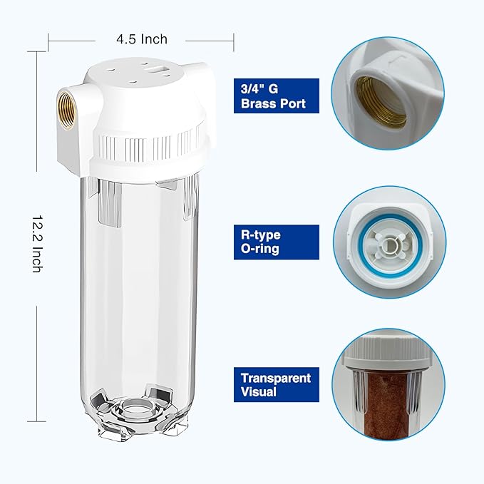Whole House/RV Water Filter Housing Clear, 10" X 2.5" Inline Sediment Water Filter for RV, Home, Garden, Aquarium, Maple Syrup RO System, 3/4" G Brass Port, R-Type O-Ring, Heavy Duty Bracket-1025CBH