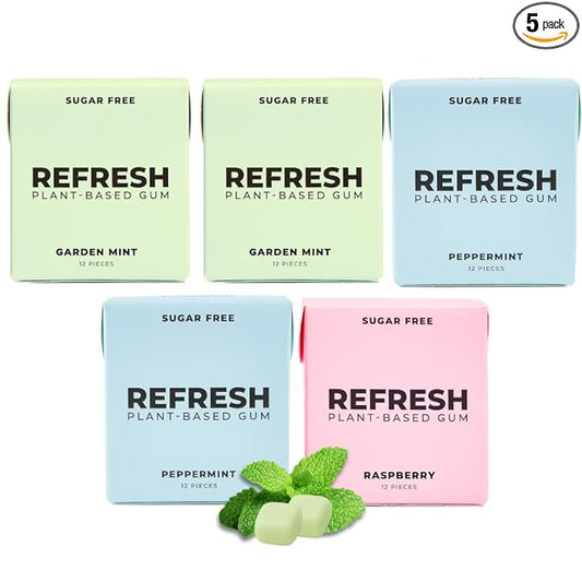 Refresh Gum, Xylitol, Natural, Sugar Free, Plastic Free, Aspartame Free, Natural Flavors & Organic Ingredients, Plant-Based, Low Calorie, Non GMO, Gluten Free, Vegan, Variety Pack Flavor, 12 Pcs, 5 Pack