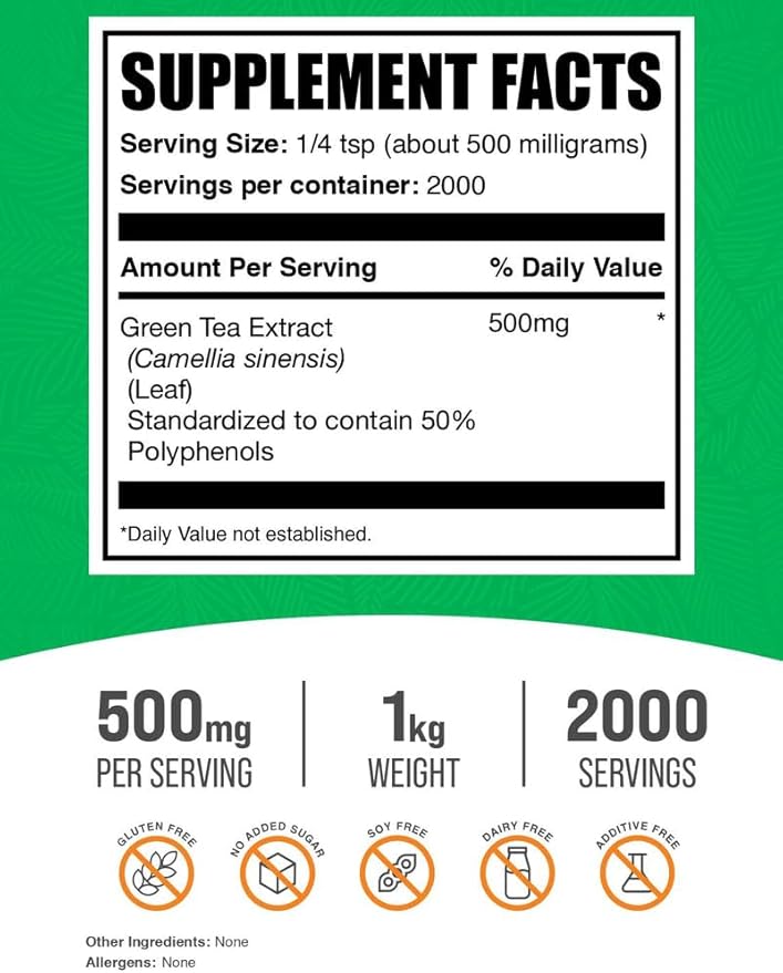 BulkSupplements.comgreen Tea Extract Powder - 50% Polyphenols Supplement, EGCG Supplements - Gluten Free, 500mg per Serving, 1kg (2.2 lbs) (Pack of 1)