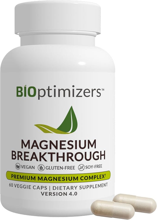 BIOptimizers Magnesium Breakthrough Supplement 4.0-7 Forms of Mg: Glycinate, Malate, Citrate, and More - Natural Support for Sleep and Cognitive Function - 60 Capsules- Calming Vitamins Complex