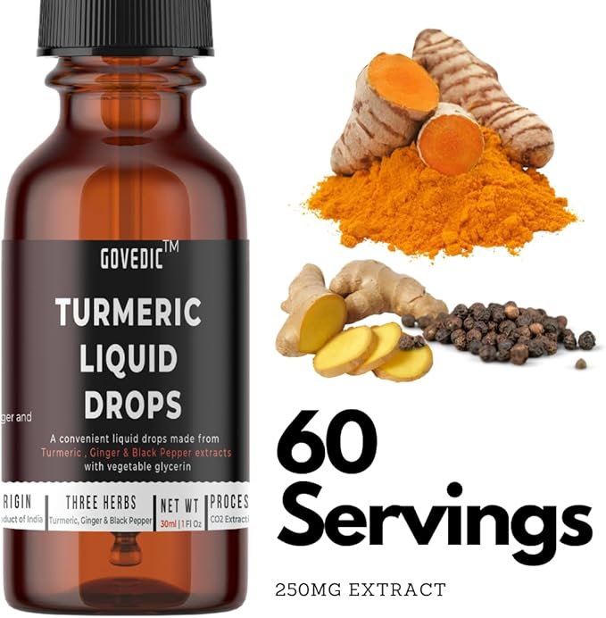 Turmeric Liquid Extract Supplement with Black Pepper & Ginger,Turmeric Root Tincture - 60 Servings, 250mg per Serving