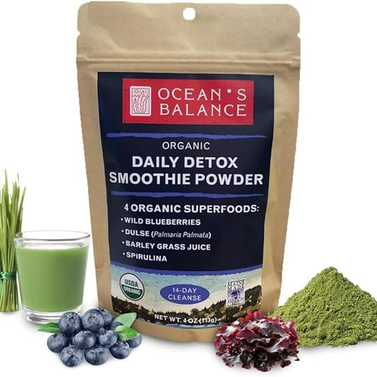 Ocean's Balance Daily Smoothie Powder – Organic Blend with Blueberry, Spirulina, Dulse Seaweed & Barley Grass – Nutrient-Rich Superfood Smoothie Mix (4 oz - 1 Pack)