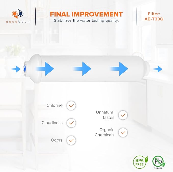 Aquaboon T33 Inline Post Activated Carbon Water Filter for Refrigerator, Ice Maker w/Quick Connect for 1/4 Water Line Compatible with ICF-10, 25-Pack