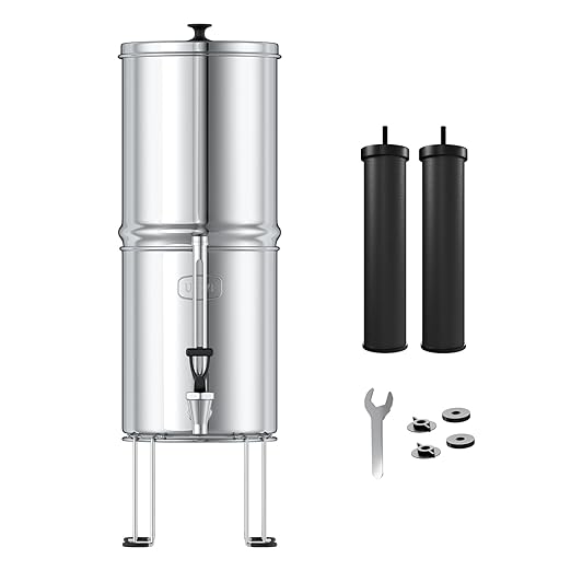 USWF Gravity Fed Water Filter System, 2.25 Gal Stainless Steel, w/ 2 Carbon Filters, Portable w/Metal Sight Glass Spigot & Stand, NSF/ANSI 372 Certified