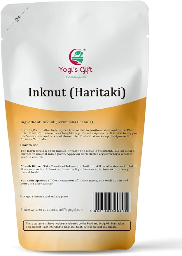 Haritaki /Inknut for Dark Circles | 8 Ounce (227 Grams) | 100% Naturally Dried Whole herb | Terminalia chebula | by Yogi's Gift®