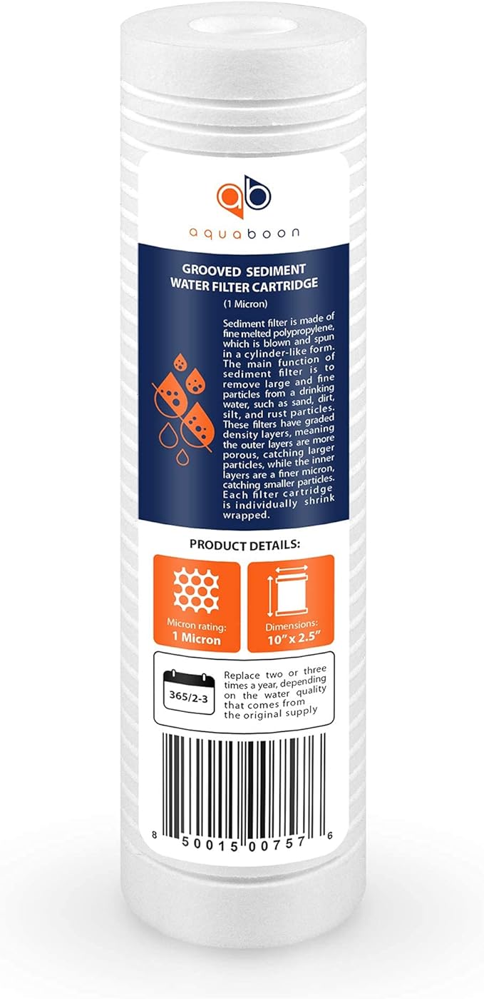 Aquaboon Whole House 1 Micron 10 x 2.5 PP Grooved Sediment Water Filter Cartridge Replacement Compatible with AP110, WHKF-GD05, CFS110, P5, 25-Pack