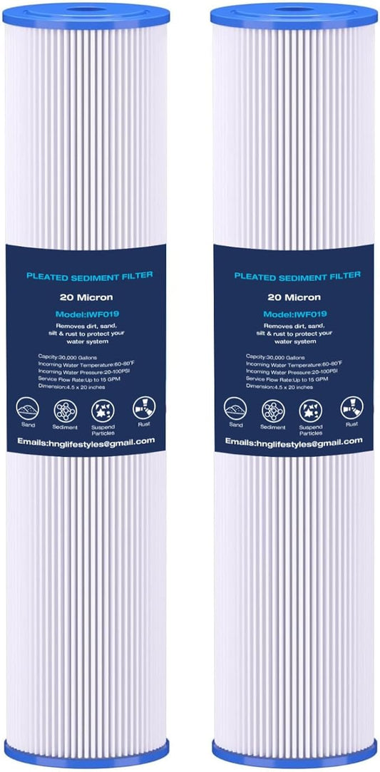 H&G Lifestyles 20" x 4.5" 20 Micro Whole House Pleated Sediment Water Filter for Well Water, Removes Dust Sands Impurities,Replacement Compatible with 20 X 4.5 Water Filtration System 2pcs